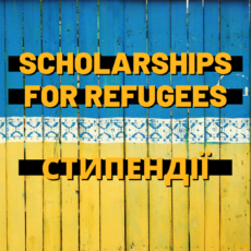 Blue-yellow graphic with text saying "Scholarships for refugees"