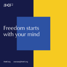 Blue-yellow graphic with the title of the program and KF logo