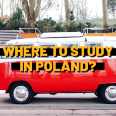 Photo of a red-white minibus with the title of the article on it.