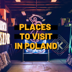 Photo of the interior of Neon Museum in Warsaw. In the center there is the title of the article in bold yellow letters.