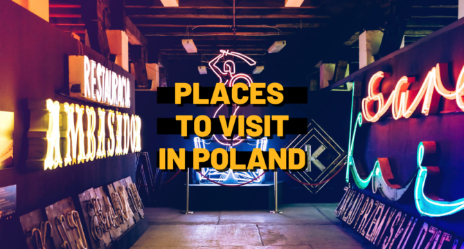 Photo of the interior of Neon Museum in Warsaw. In the center there is the title of the article in bold yellow letters.