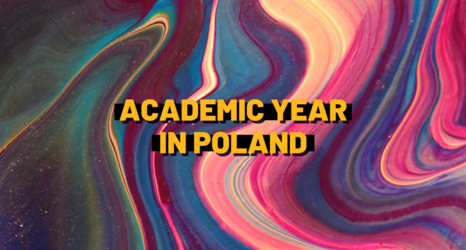 Abstract colorful background with a yellow text in the middle that reads "Academic year in Poland"