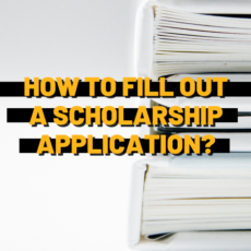 White background, huge stack of papers. Yellow subtitles: ,,how to fill out a scholarship application?''