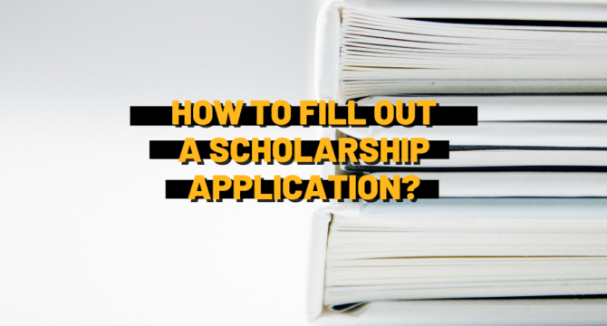 White background, huge stack of papers. Yellow subtitles: ,,how to fill out a scholarship application?''