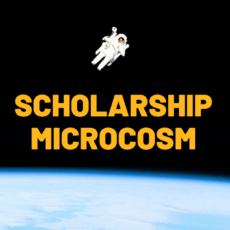 An astronaut flying in space. Yellow subitles: scholarship microcosm