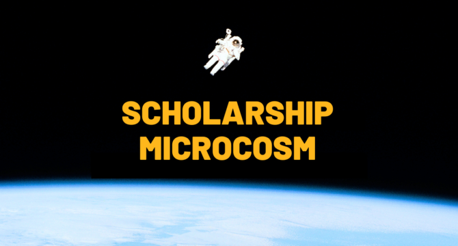 An astronaut flying in space. Yellow subitles: scholarship microcosm