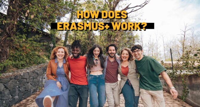 How Does Erasmus+ Work. In the bacground happy young group of students.